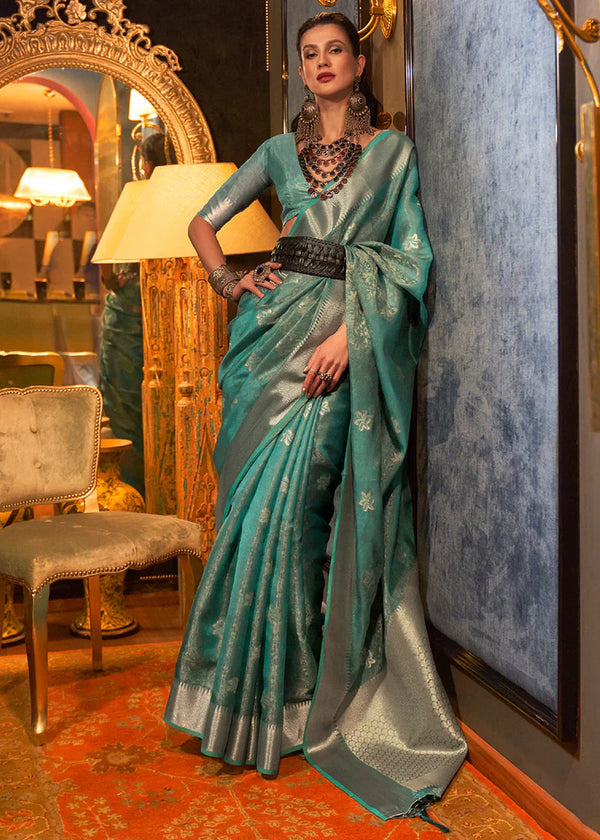 Turquoise Green Dual Tone Woven Organza Saree