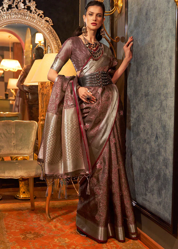 Coffee Brown Dual Tone Woven Organza Saree