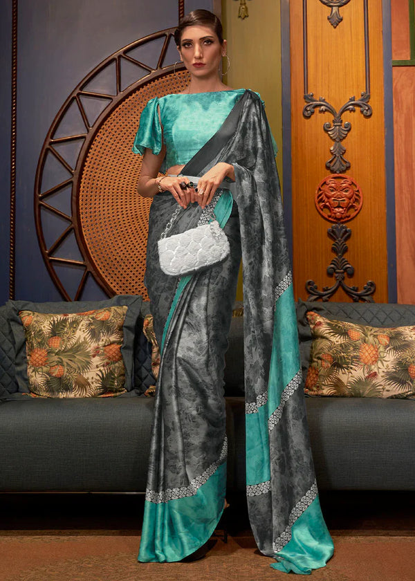 Slate Grey and Blue Japan Printed Satin Crepe Saree