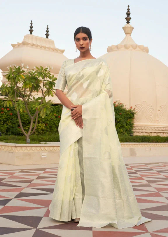 Cream White Linen Weave Saree