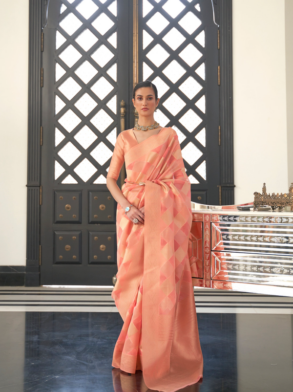 Light Coral Woven Organza Saree