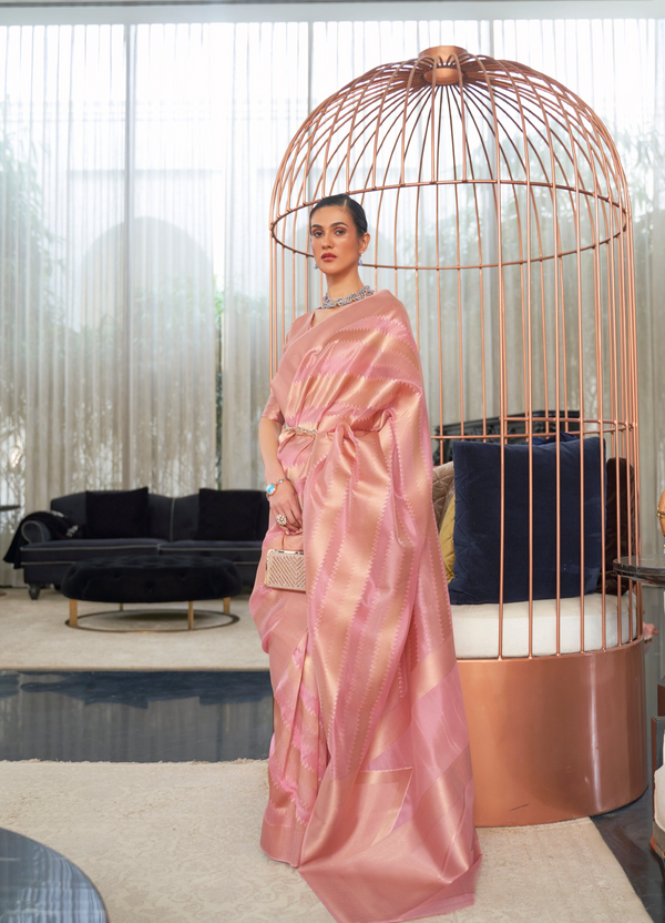 Pink golden Woven Organza Saree