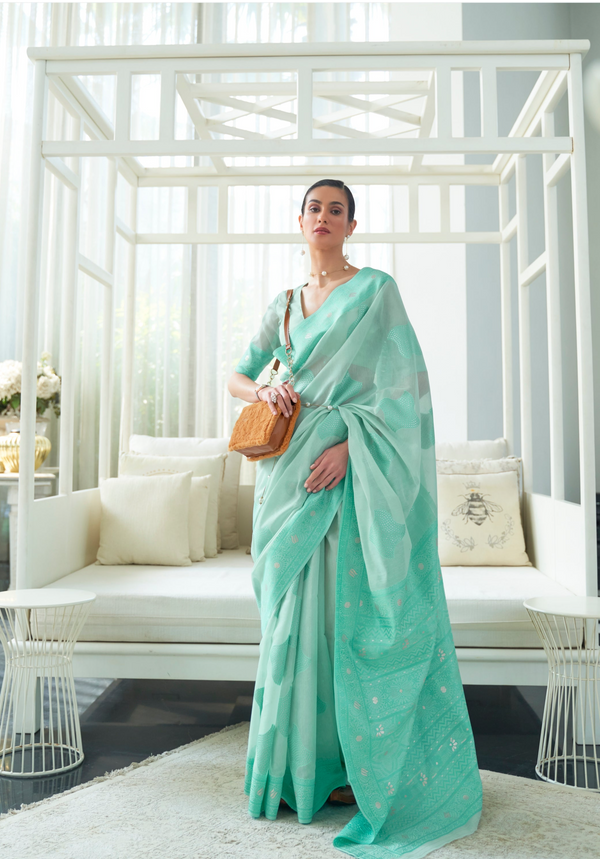 Turquoise Lucknowi Chickankari Saree