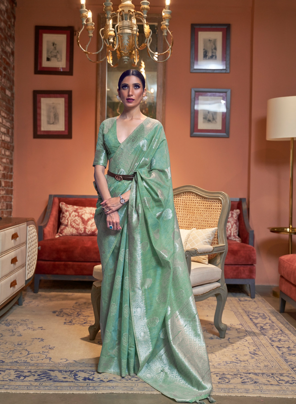 Turquoise Green Linen Silk Saree