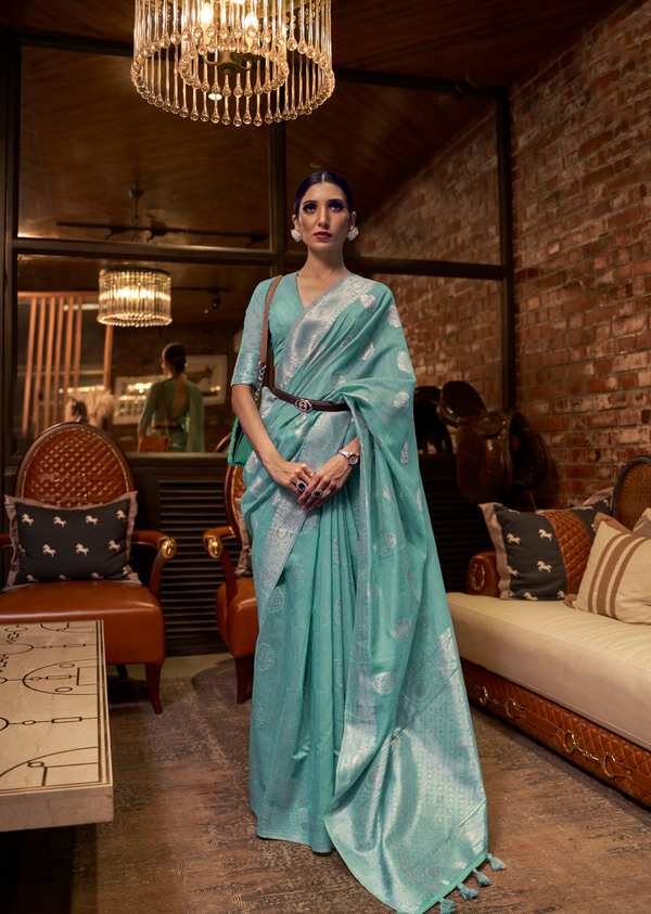 Teal Blue Linen Silk Saree