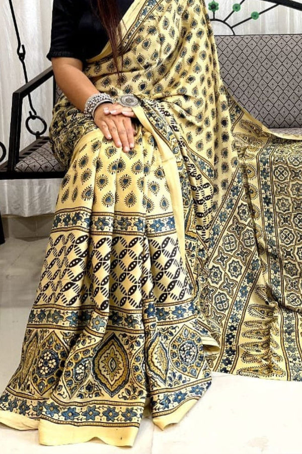 Laser Yellow Ajrakh Modal Handblock Printed Silk Saree