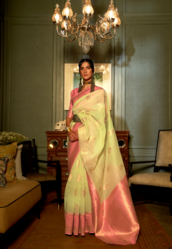 Lime Green Linen Silk Saree