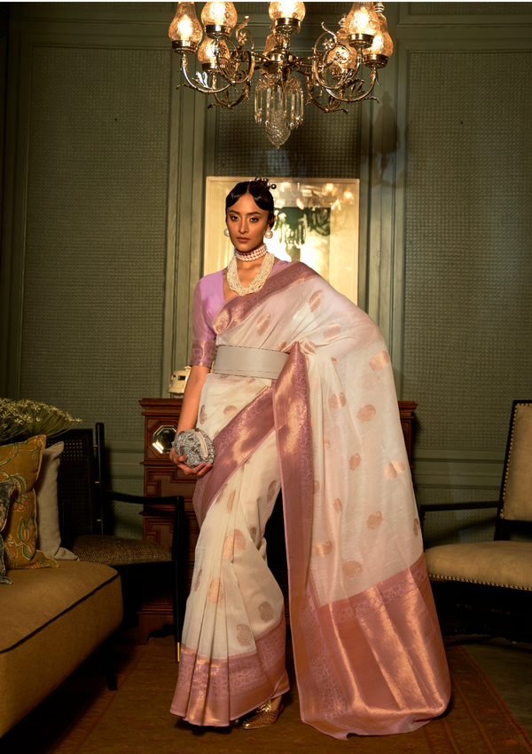 Off white and Copper Linen Silk Saree