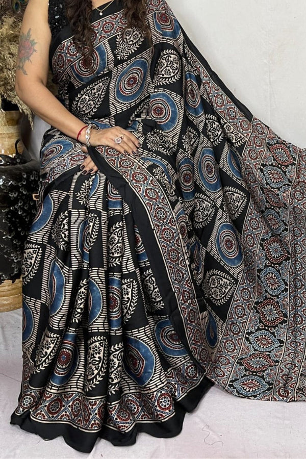 Cloudy Grey and Black Ajrakh Modal Handblock Printed Silk Saree