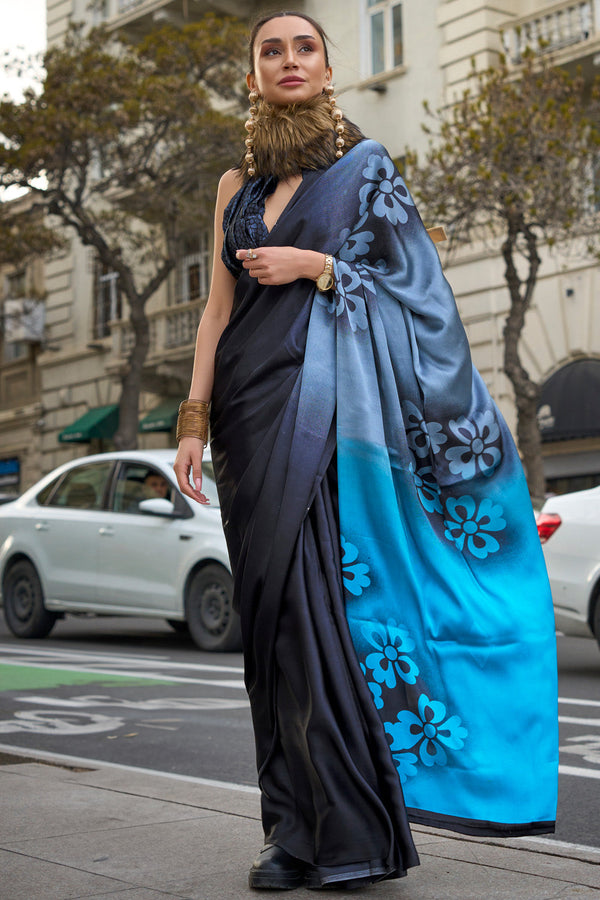 Black & Blue Satin Silk Saree