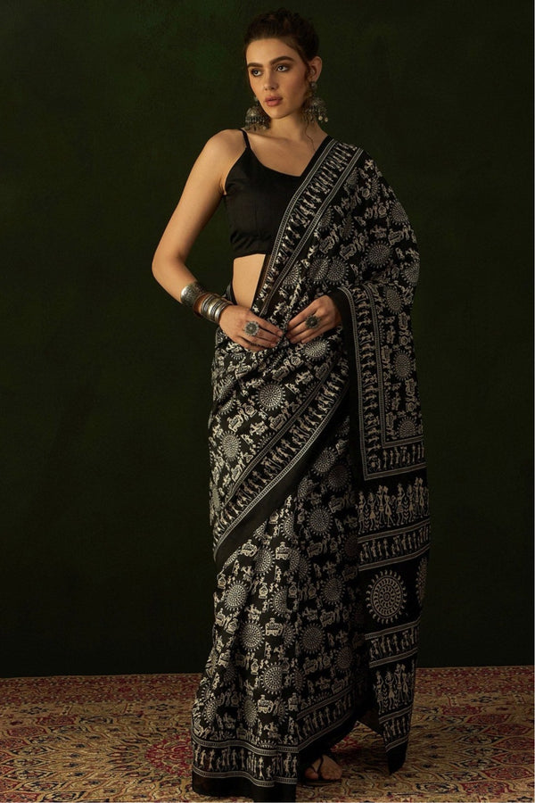 Leather balck Ajrakh Printed Saree