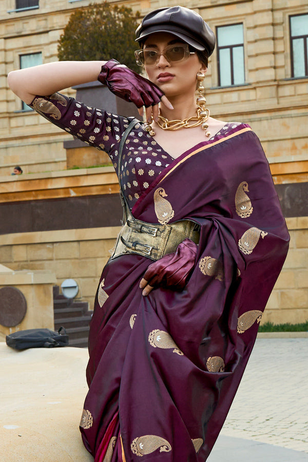 Wine Banarasi Silk Saree