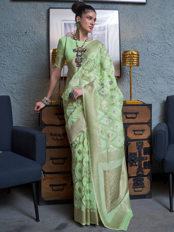 Beautiful Pista Green Zari Weaving Linen Event Wear Saree With Blouse