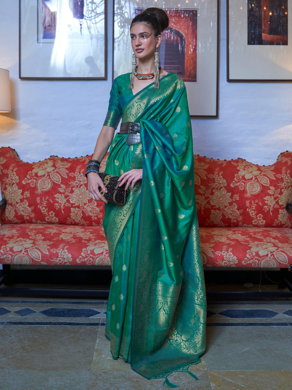 Attractive Teal Green Zari Weaving Silk Festival Wear Saree With Blouse