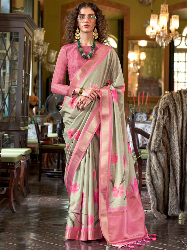 Wonderful Cream Printed Banarasi Silk Traditional Saree With Blouse