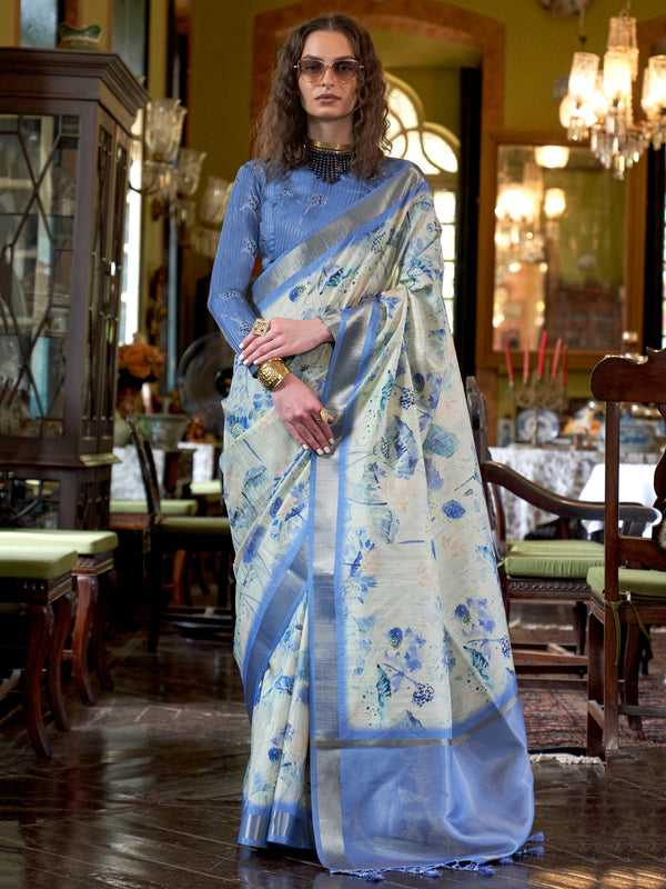 Marvelous Blue & Off-White Printed Banarasi Silk Saree With Blouse