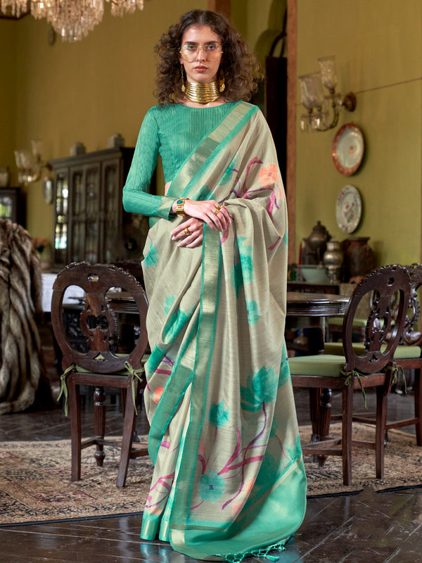 Awesome Teal Green Printed Banarasi Silk Festival Wear Saree