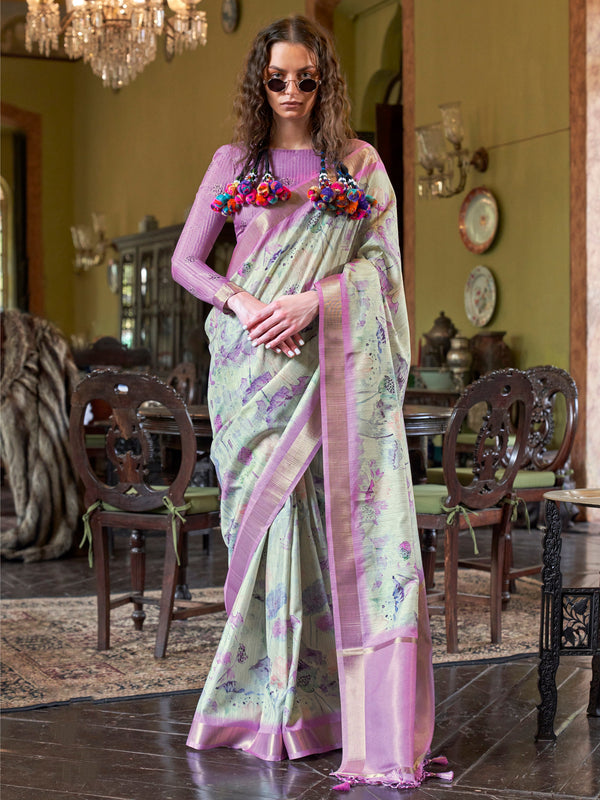 Marvelous Purple & Off-White Printed Banarasi Silk Event Wear Saree