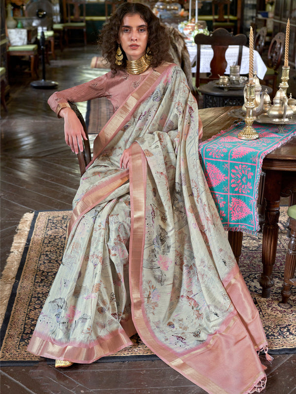 Majestic Peach & Off-White Printed Banarasi Silk Traditional Saree