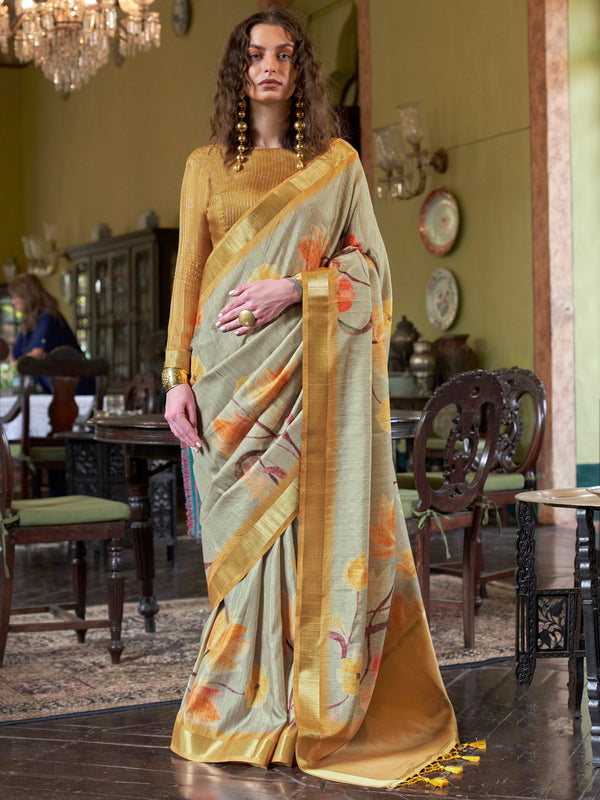 Amazing Yellow & Grey Printed Banarasi Silk Saree With Blouse