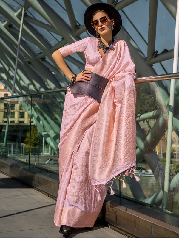 Attractive Baby Pink Zari Weaving Silk Festival Wear Saree With Blouse