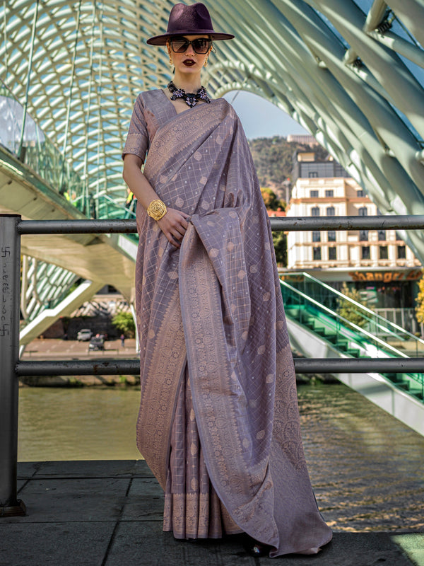 Alluring Lilac Zari Weaving Silk Traditional Saree With Blouse