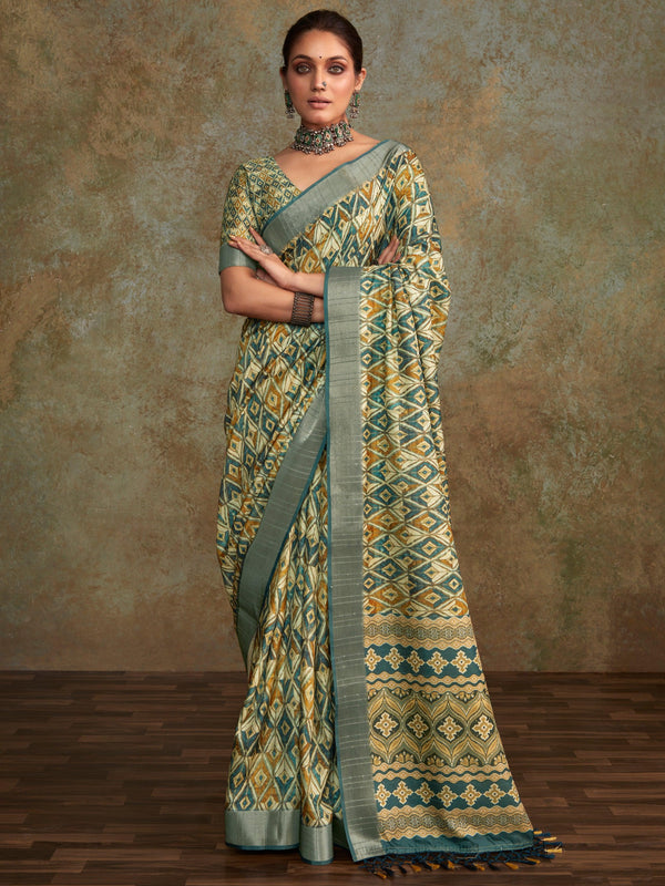 Attractive Cream Digital Printed Silk Festival Wear Saree With Blouse