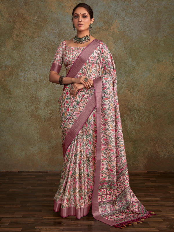 Beautiful Pink Digital Printed Silk Event Wear Saree With Blouse