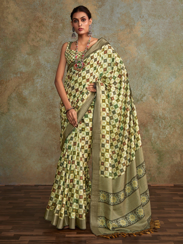 Alluring Multi-Color Digital Printed Silk Festival Wear Saree With Blouse