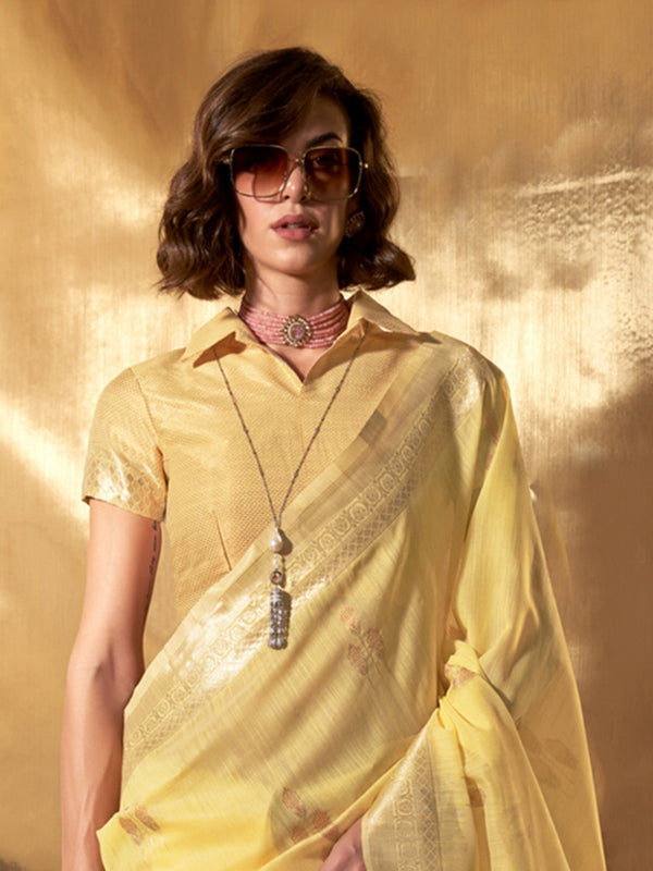 Yellow Party Wear Linen Saree With Blouse Piece