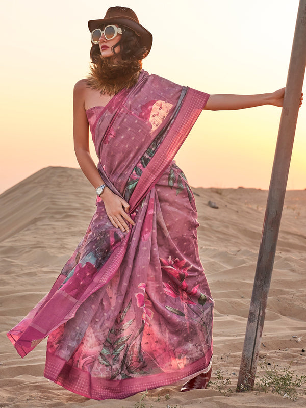 Beautiful Mauve Printed Linen Event Wear Saree With Blouse