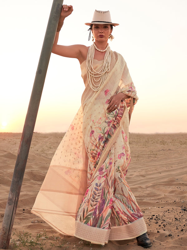 Attractive Cream Printed Linen Traditional Saree With Blouse