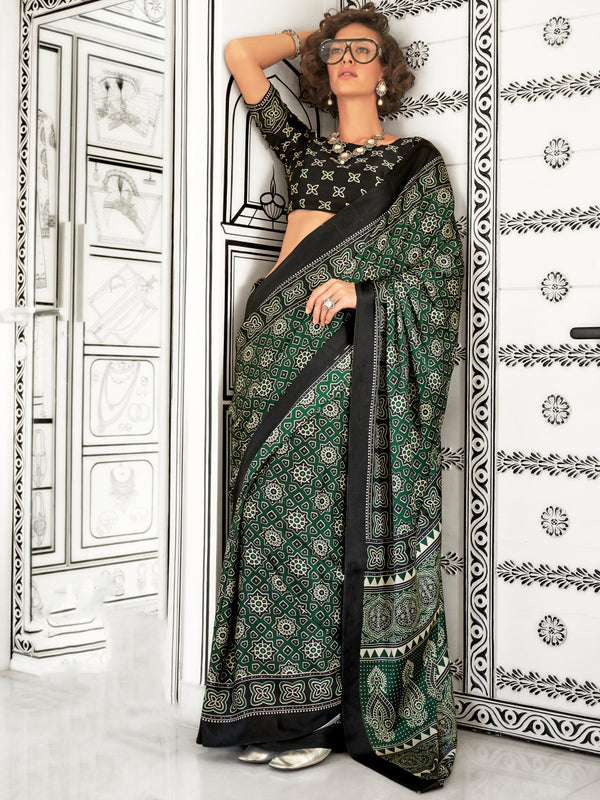 Wonderful Green Digital Printed Satin Festival Wear Saree With Blouse