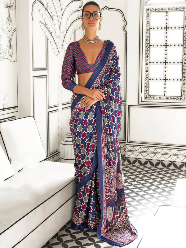 Awesome Purple Printed Satin Casual Wear Saree With Blouse