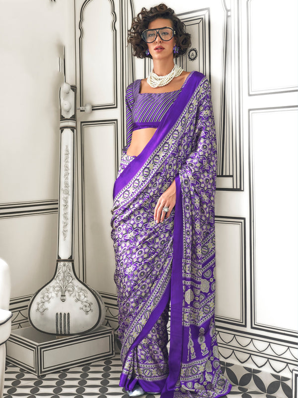 Astonishing Violet Printed Satin Festival Wear Saree With Blouse