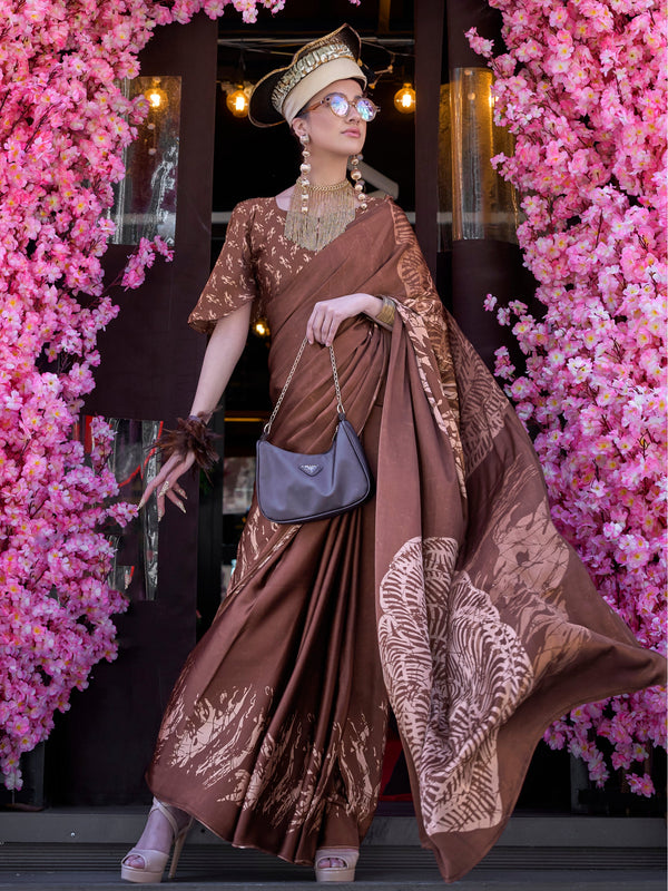 Precious Brown Printed Satin Event Wear Saree With Blouse