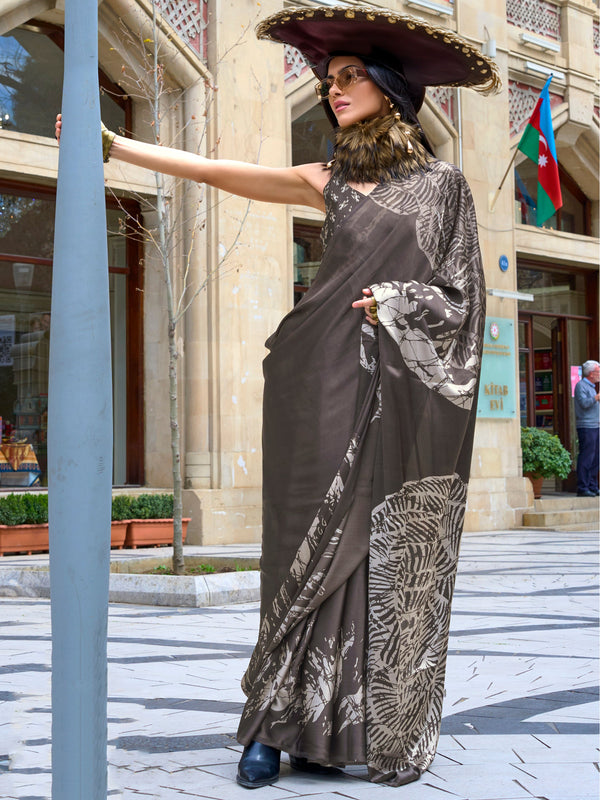 Attractive Grey Digital Printed Satin Festival Wear Saree With Blouse