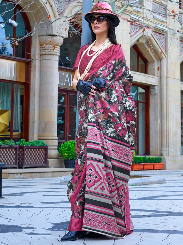 Gorgeous Pink Printed Satin Party Wear Saree With Blouse