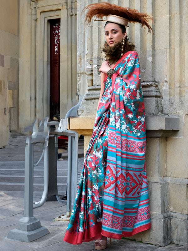 Stunning Sky-Blue Printed Satin Casual Wear Saree With Blouse