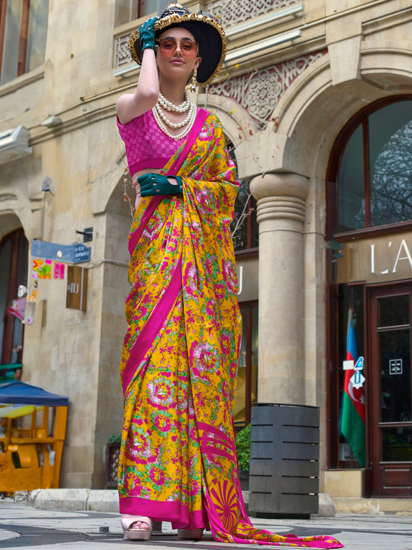 Fantastic Yellow Printed Satin Casual Wear Saree With Blouse