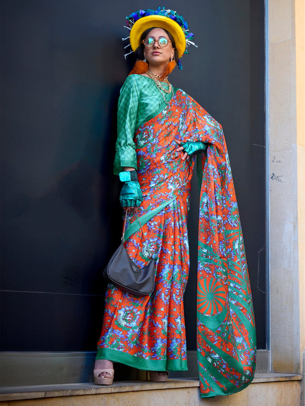 Wonderful Orange Printed Satin Festival Wear Saree With Blouse