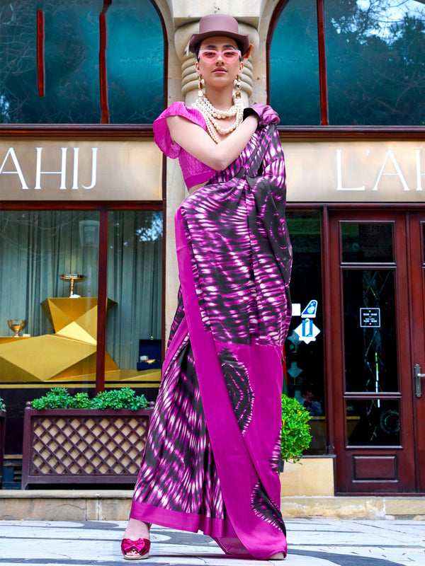 Marvelous Purple Printed Satin Party Wear Saree With Blouse