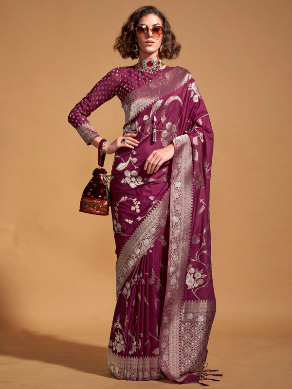 Charming Wine Zari Weaving Silk Event Wear Saree With Blouse