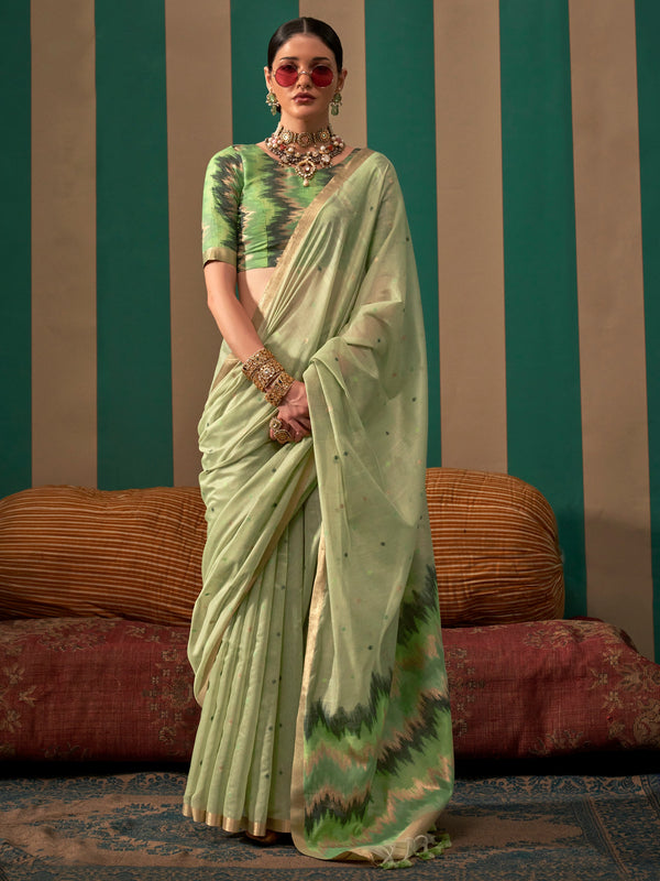 Captivating Pista Green Zari Weaving Silk Festival Wear Saree With Blouse