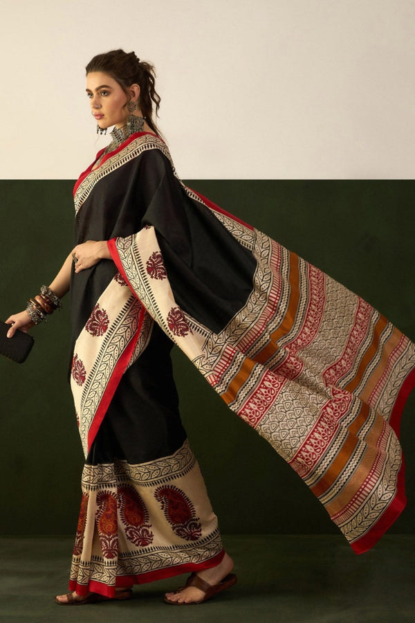 Crow Black and Cream Ajrakh Printed Saree