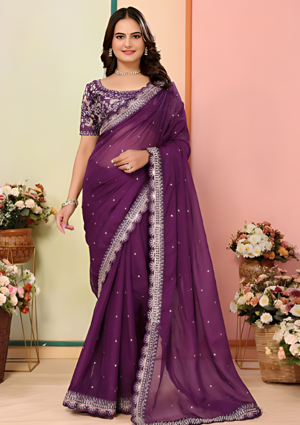 Ethnic Motifs Sequinned Organza Saree