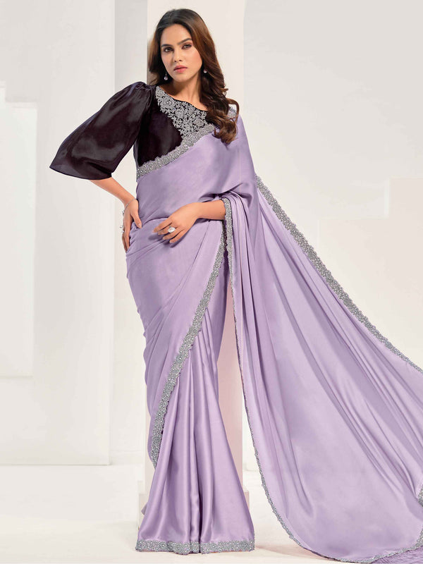 Alluring Lavender Lace Work Satin Party Wear Saree With Blouse