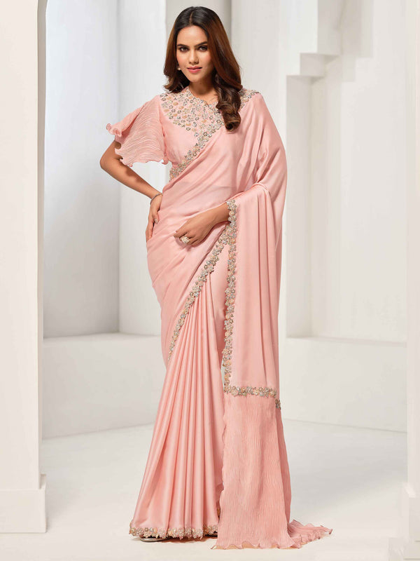 Bewitching Peach Lace Work Satin Reception Wear Saree With Blouse