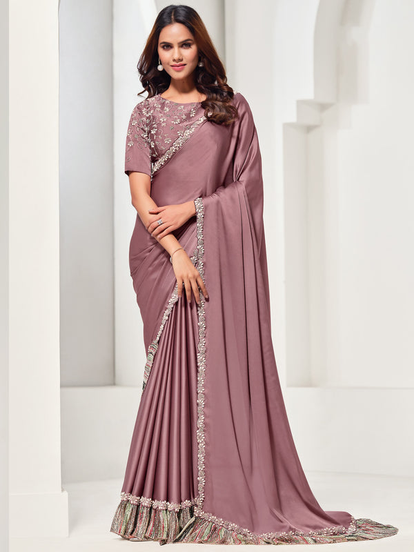 Bewitching Mauve Lace Work Satin Silk Party Wear Saree With Blouse