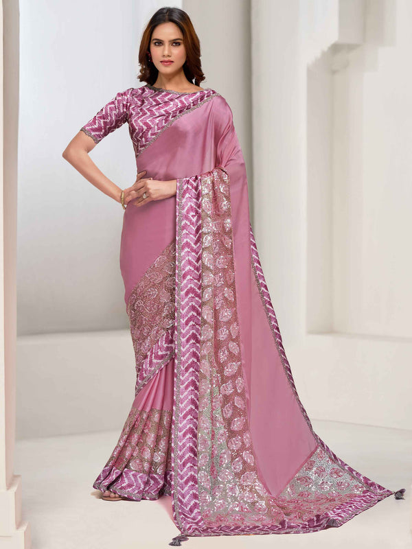 Attractive Pink Sequins Georgette Reception Wear Saree With Blouse